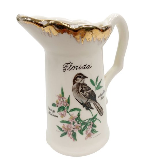 Vintage Florida Souvenir Creamer Mocking Bird Orange Blossom Flowers White Gold - Picture 4 of 12